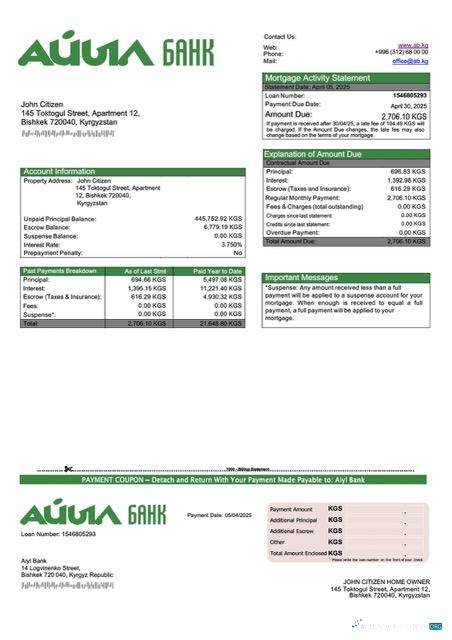Download Kyrgyzstan Aiyl Bank mortgage statement Word and PDF template Photoshop template